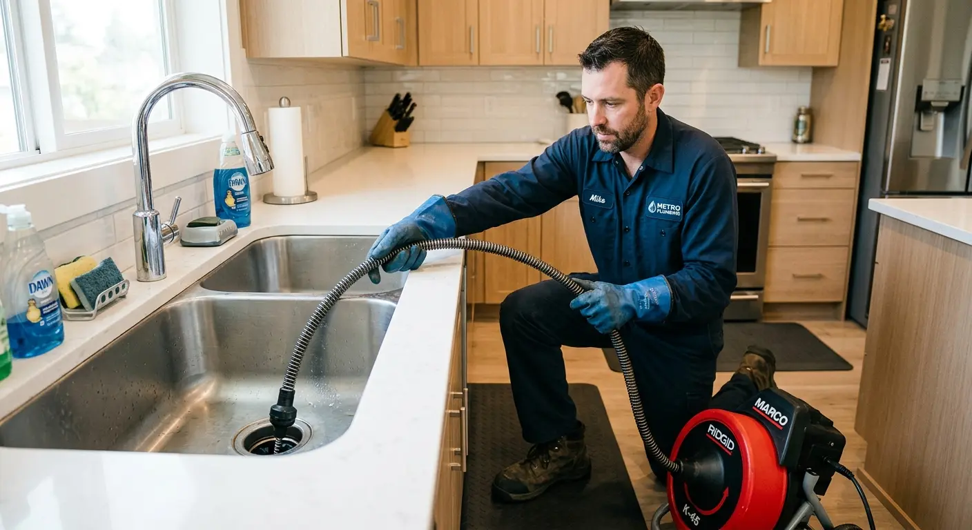 Drain cleaning technician using a motorized snake on a kitchen sink in Floral City