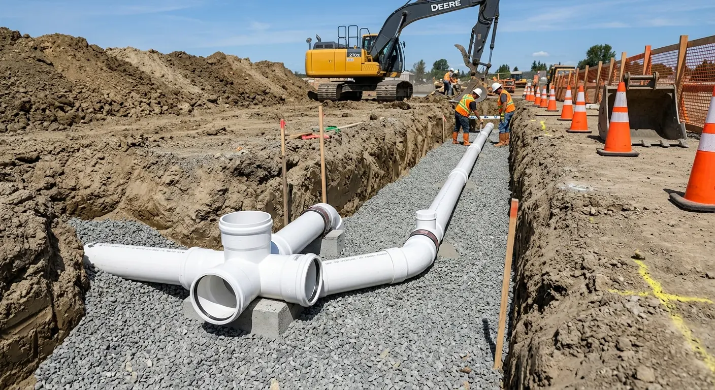 New PVC sewer pipe installation in open trench for Commercial Drain Cleaning in Floral City